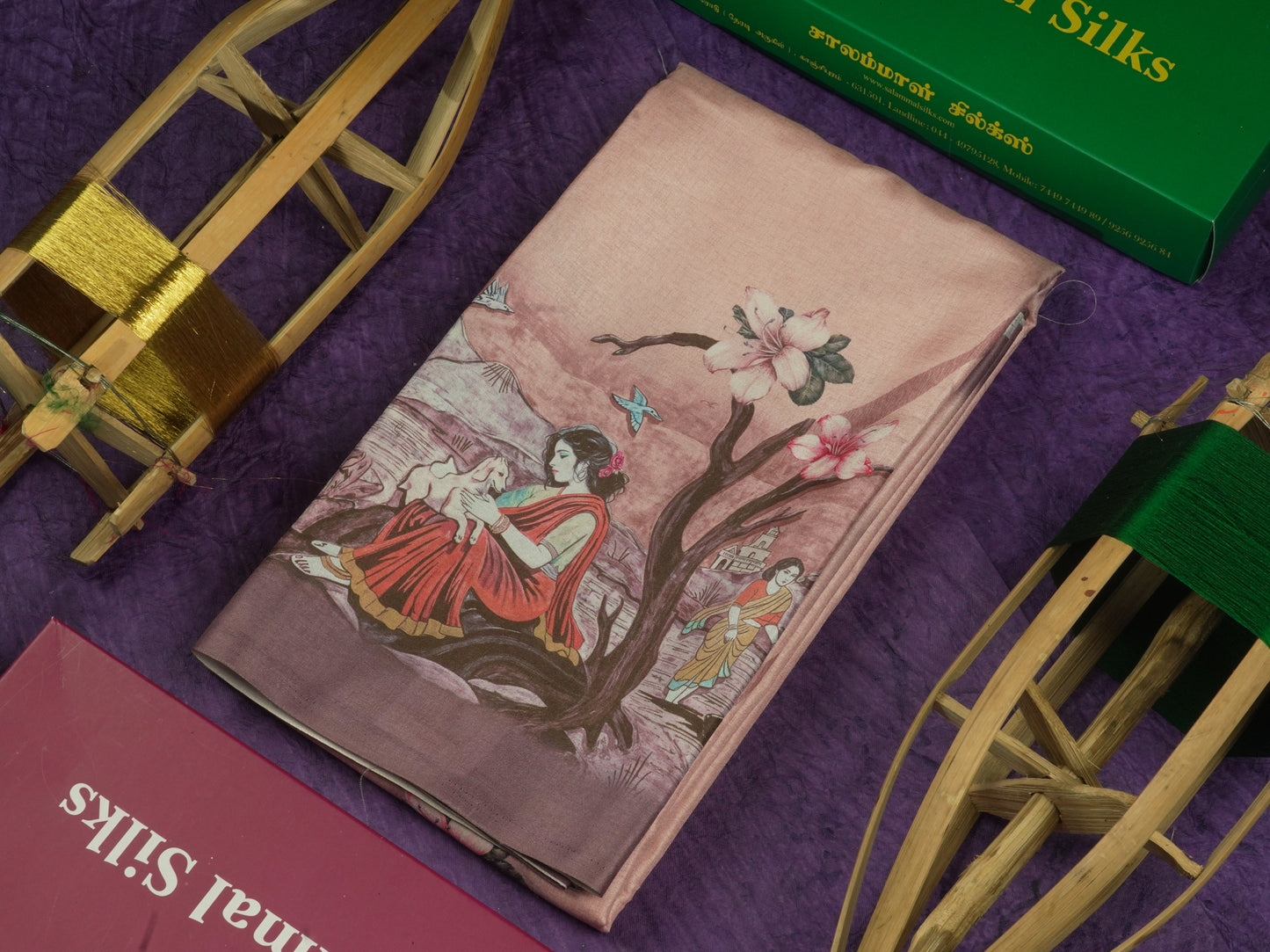 Sandal Printed Semi Tussar Saree With Village Theme Border