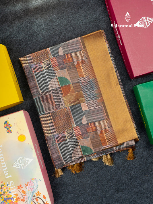 Brown Semi Tussar Fancy Saree With Gold Border