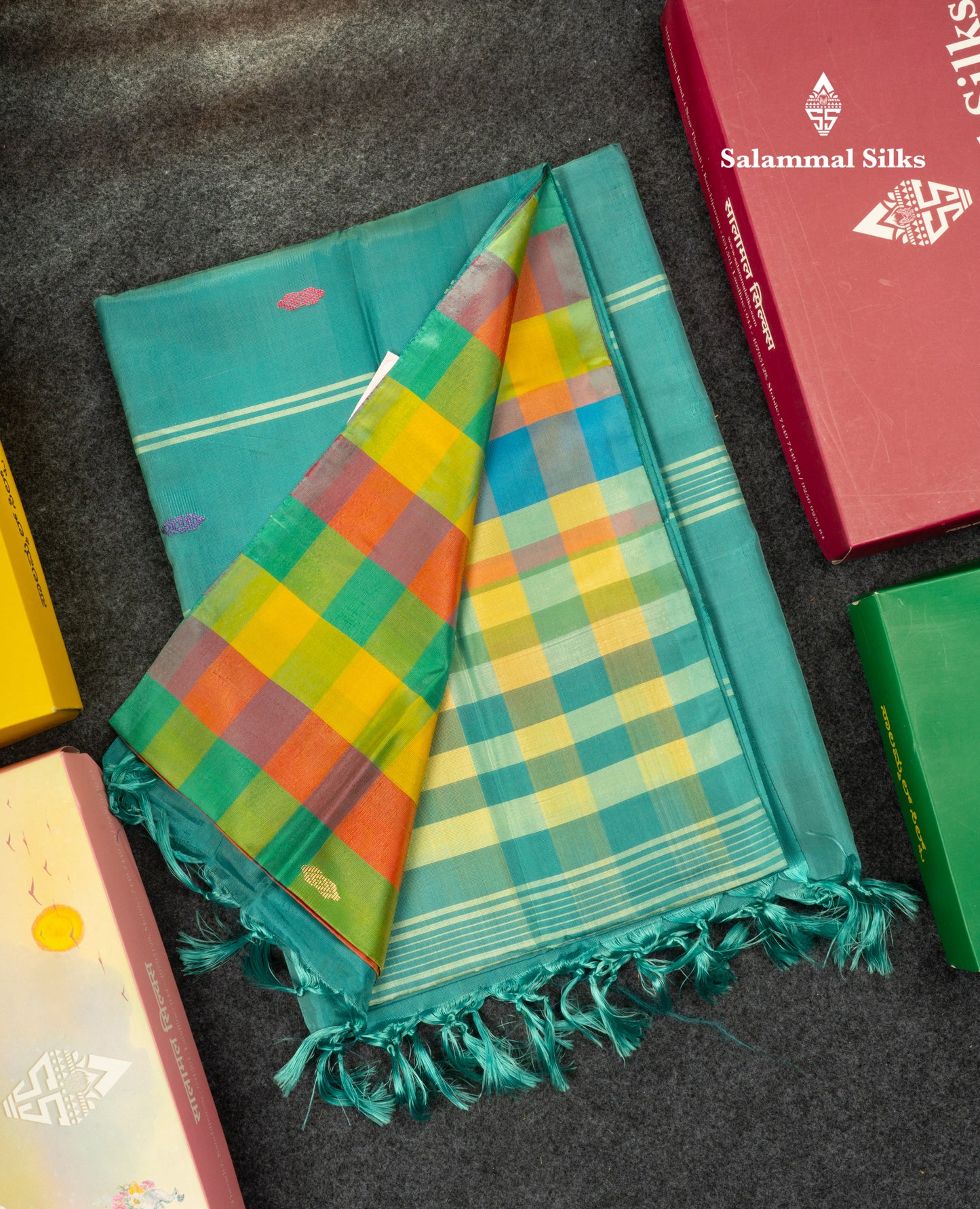 MultiColour Banana Pinth Saree (Vaazhainaar Pattu) With Contrast Sapphire Green Blouse