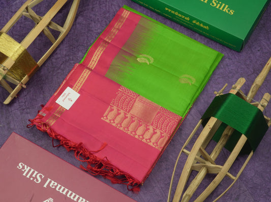 Parrot Green Pure Kanjivaram Soft Silk Saree With Contrast Pink Small Traditional Border