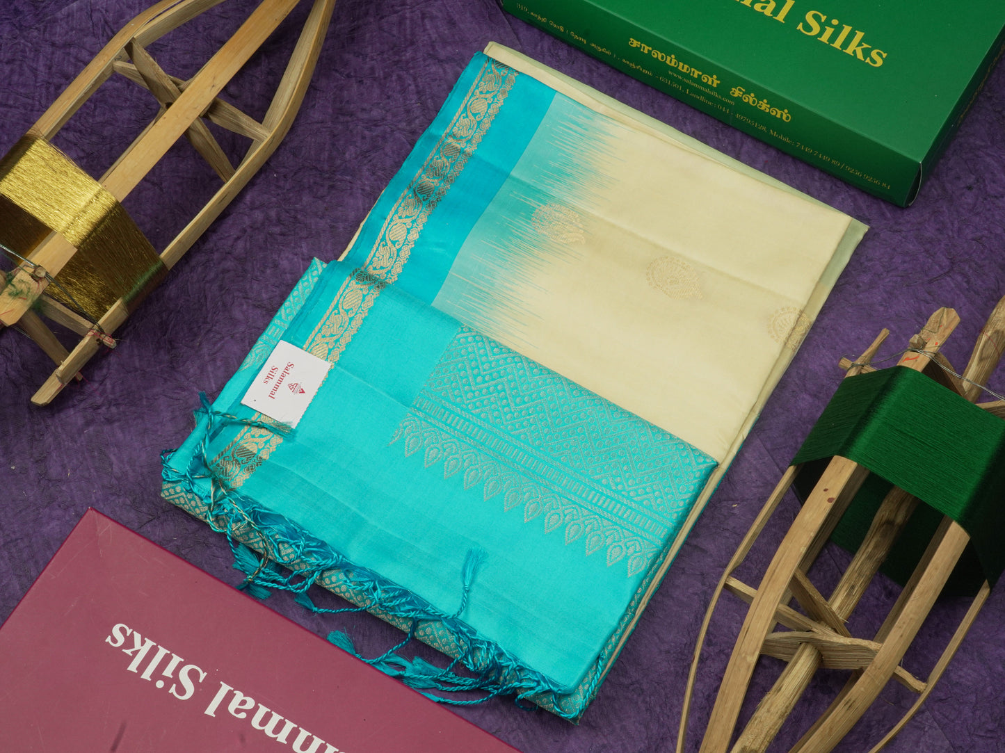 Half White Pure Kanjivaram Soft Silk Saree With Contrast Sky Blue Small Traditional Border