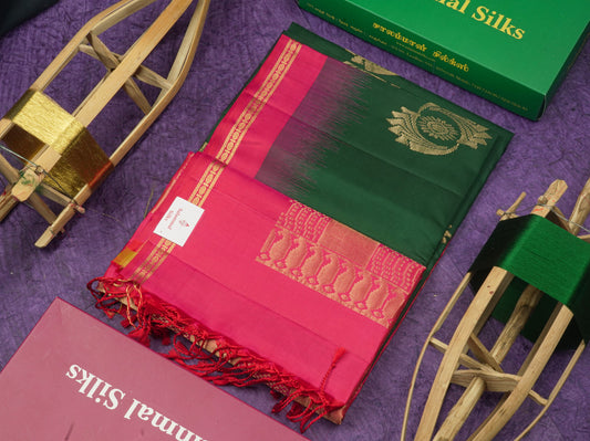 Bottle Green Pure Kanjivaram Soft Silk Saree With Contrast Pink Small Traditional Border