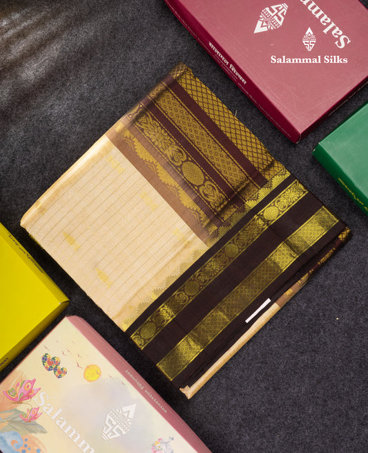 Beige Pure Silk Cotton Saree With Contrast Dark Brown Traditional Gap Border