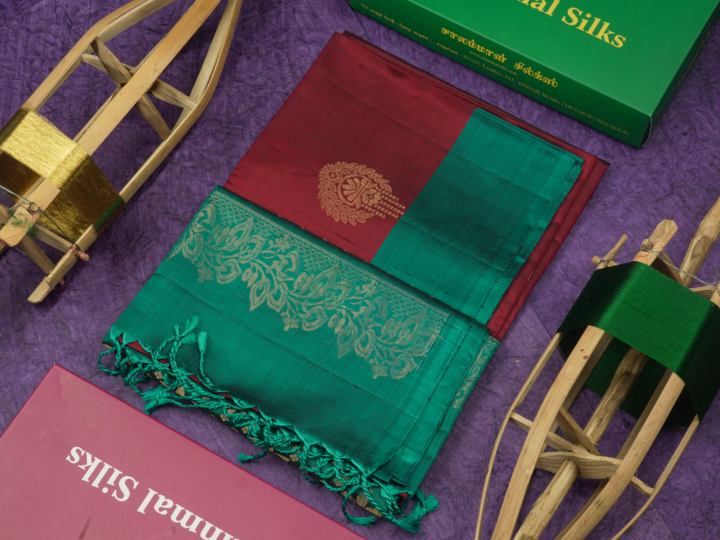 Beautiful Dark Maroon Pure Kanjivaram Soft Silk Saree With Contrast Peacock Green Border