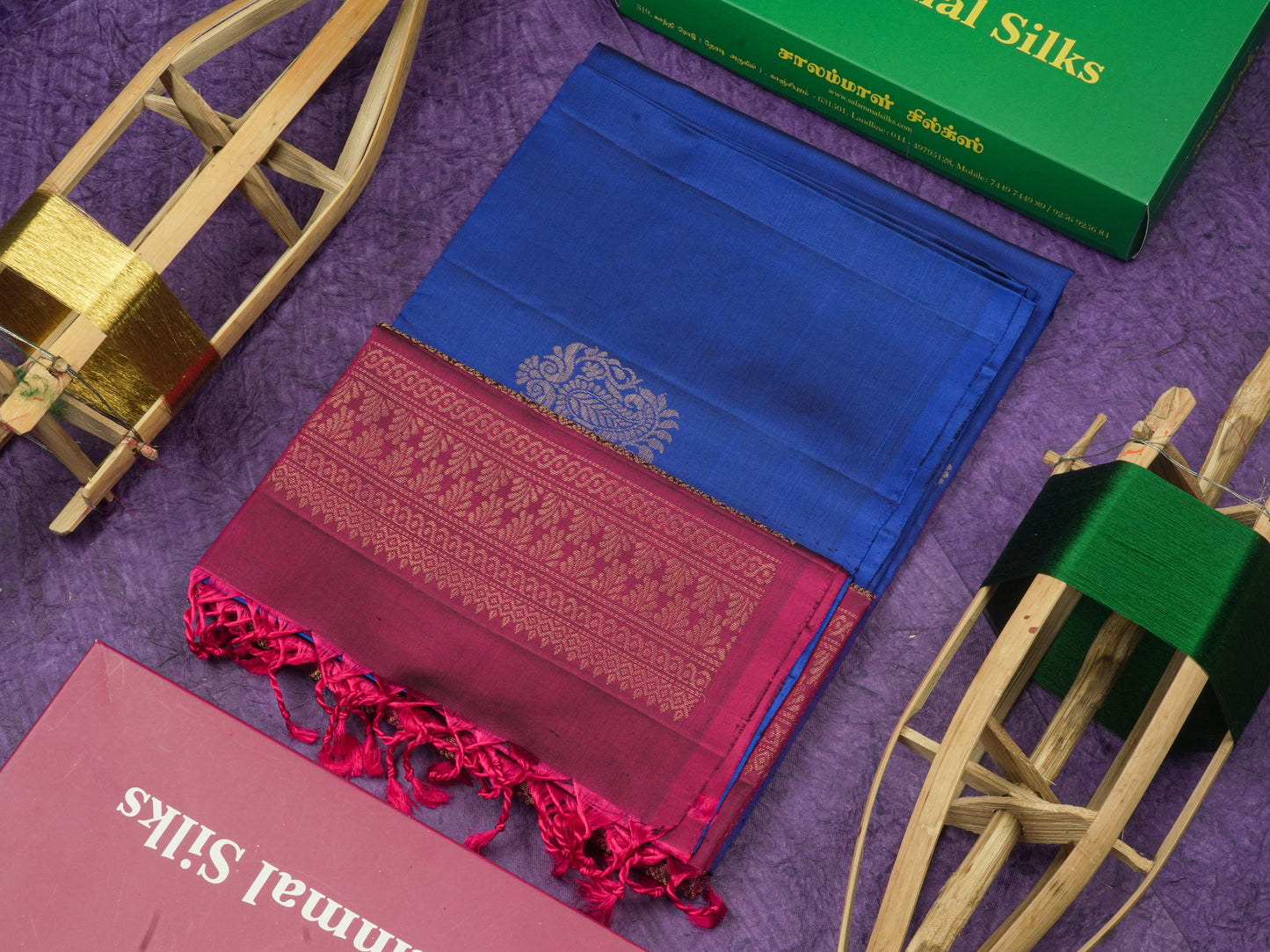 Beautiful Royal Blue Pure Kanjivaram Soft Silk Saree With Contrast Magenta Blouse
