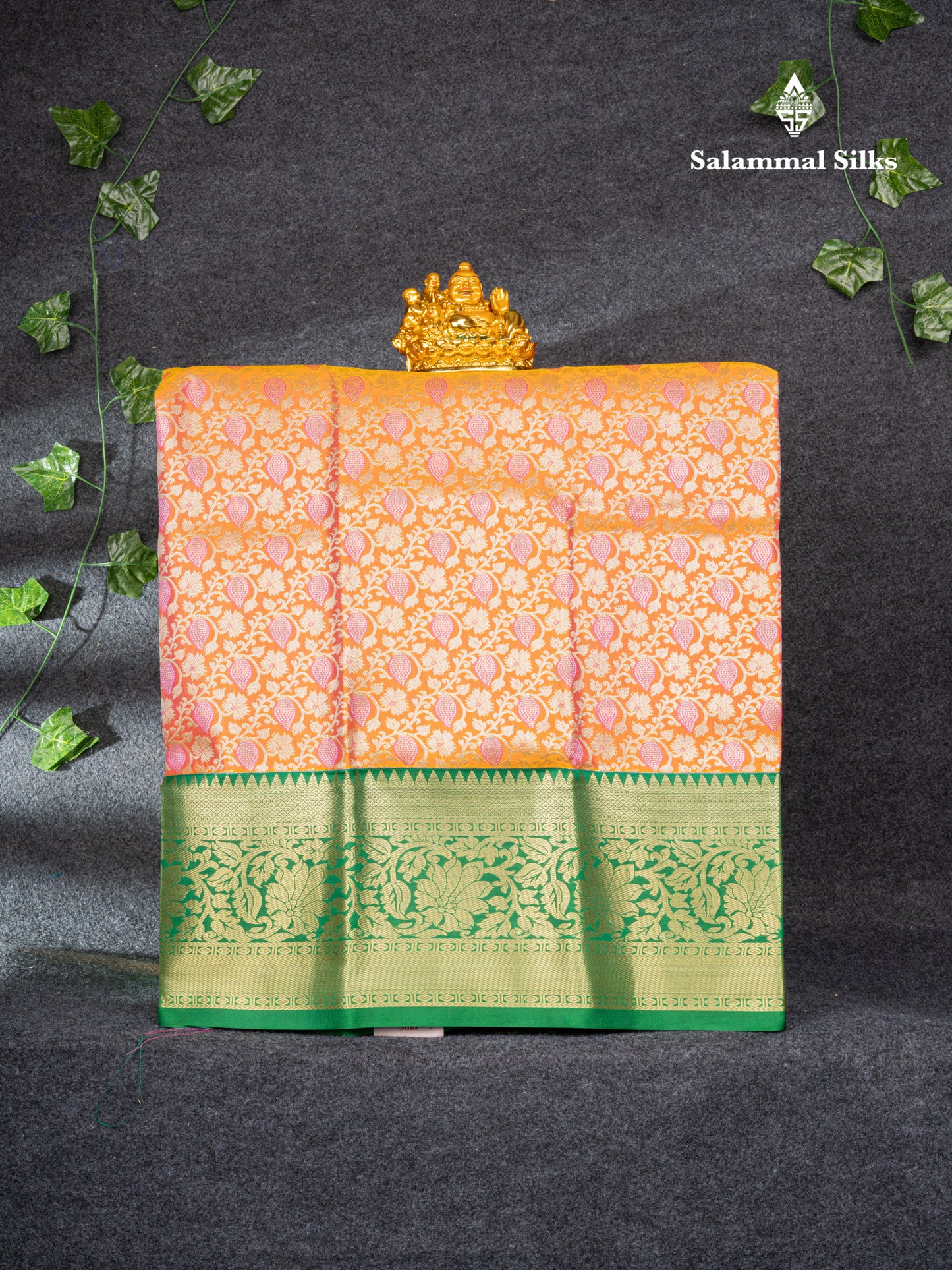 Semi Silk Pattu Pavadai (Dual Tone Pinkish Orange) with Green Blouse 27"
