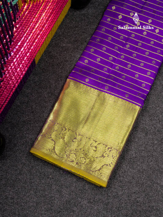 Pure Silk Pattu Pavadai (Violet) With Olive Mustard Yellow Blouse 27"
