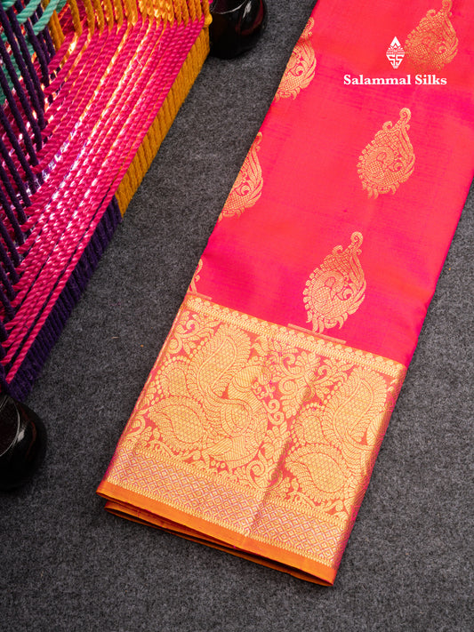 Pure Silk Pattu Pavadai (Rani Pink) With Pinkish Orange Blouse 27"
