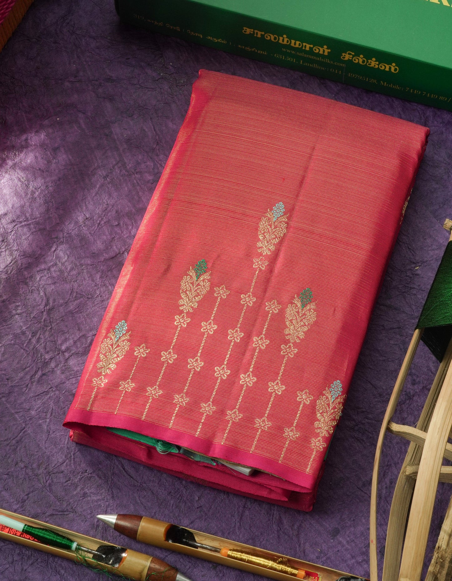 Beautiful Pink Fancy Vairaoosi Pure Kanjivaram Silk Saree with Contrast Rexona Green Blouse