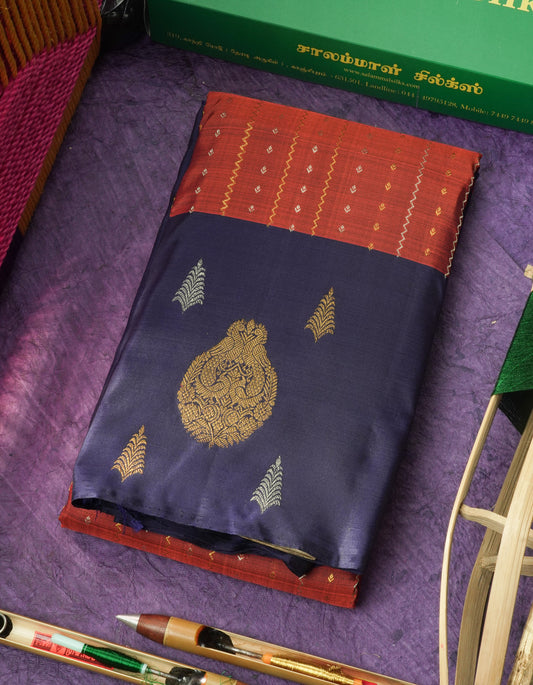 Brown Pure Kanjivaram Silk Saree with Contrast Navy Blue Long Border