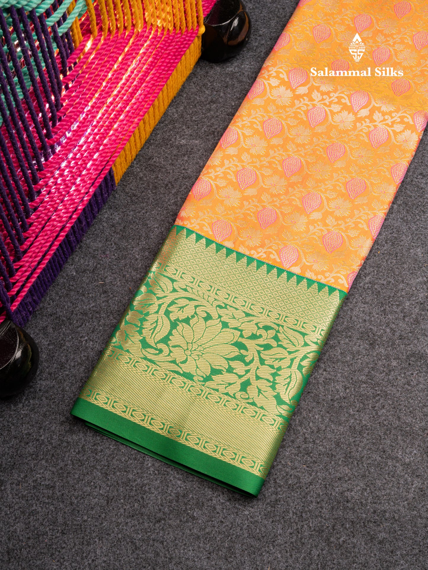 Semi Silk Pattu Pavadai (Dual Tone Pinkish Orange) with Green Blouse 27"
