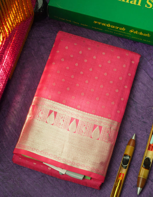 Pink Small Checks Pure Kanjivaram Silk Saree With Silver Zari Border