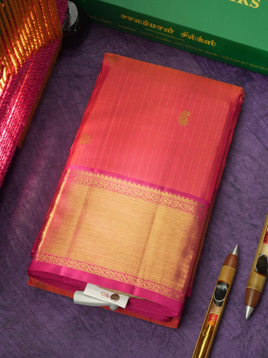 Pinkish Orange Pure Kanjivaram Silk Saree with Contrast Pink Border