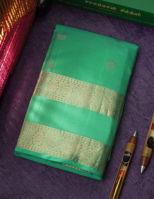 Sea Green Pure Kanjivaram Silk Saree With Gold Zari Gap Border
