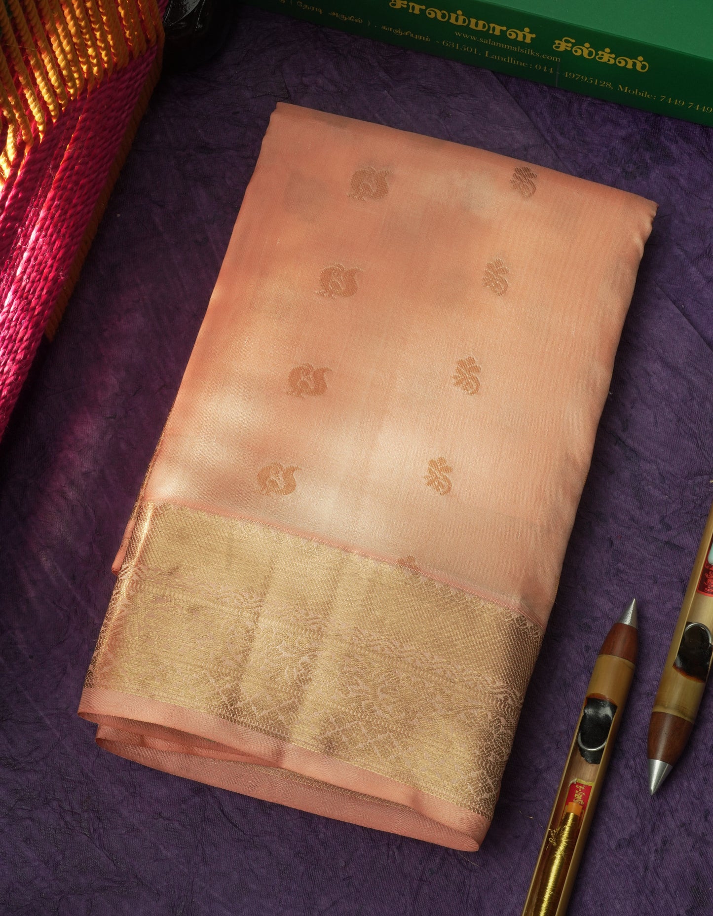 Peach Pure Kanjivaram Silk Saree With Gold Zari Border