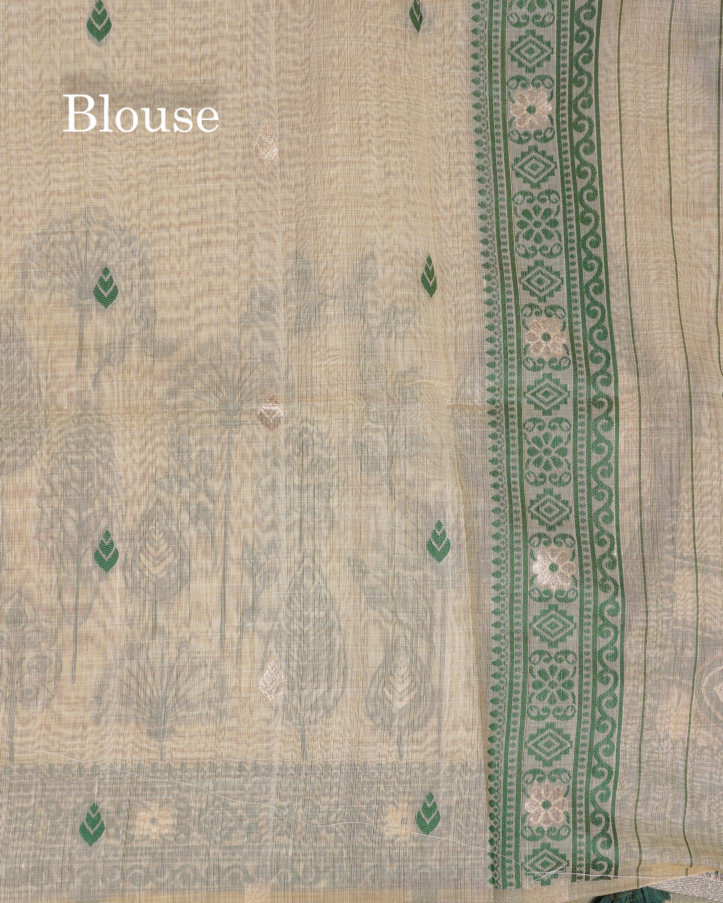 Beautiful Cream Sandal Thread Work Butta Muga Cotton Saree With Contrast Bottle Green Border