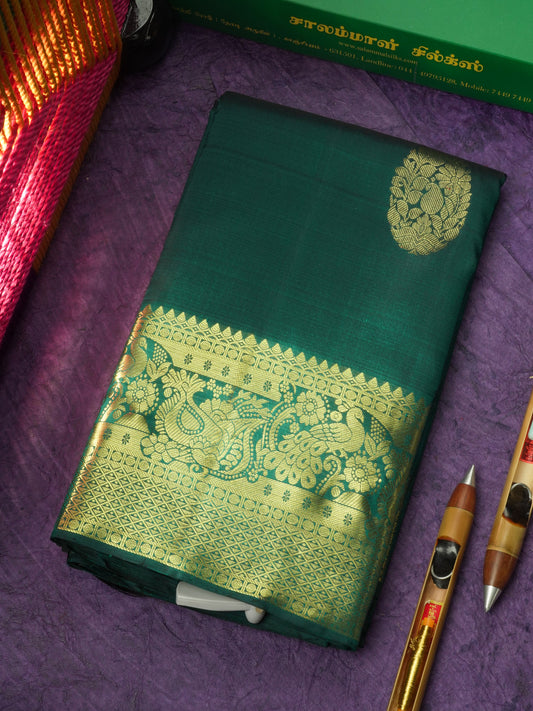 Peacock Green Pure Kanjivaram Silk Saree with Traditional Gold Zari Border