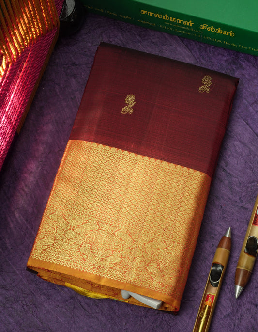 Dark Maroon Pure Kanjivaram Silk Saree with Contrast Traditional Mustard Yellow Border