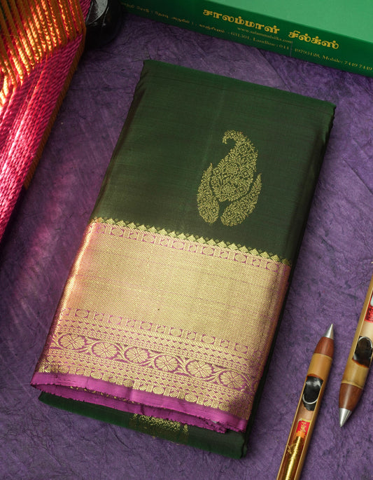 Bottle Green Pure Kanjivaram Silk Saree with Contrast Vadamalli Traditional  Border