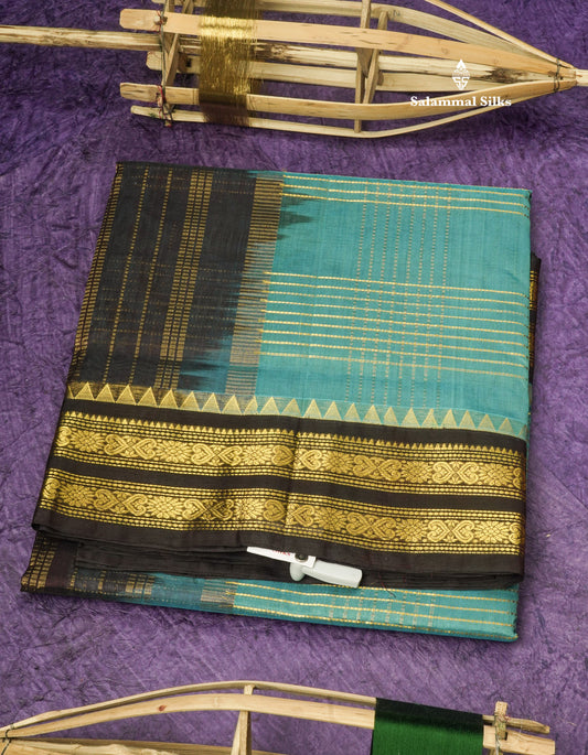 Ramar Blue Pure Silk Cotton Saree With Contrast Dark Brown Traditional Border