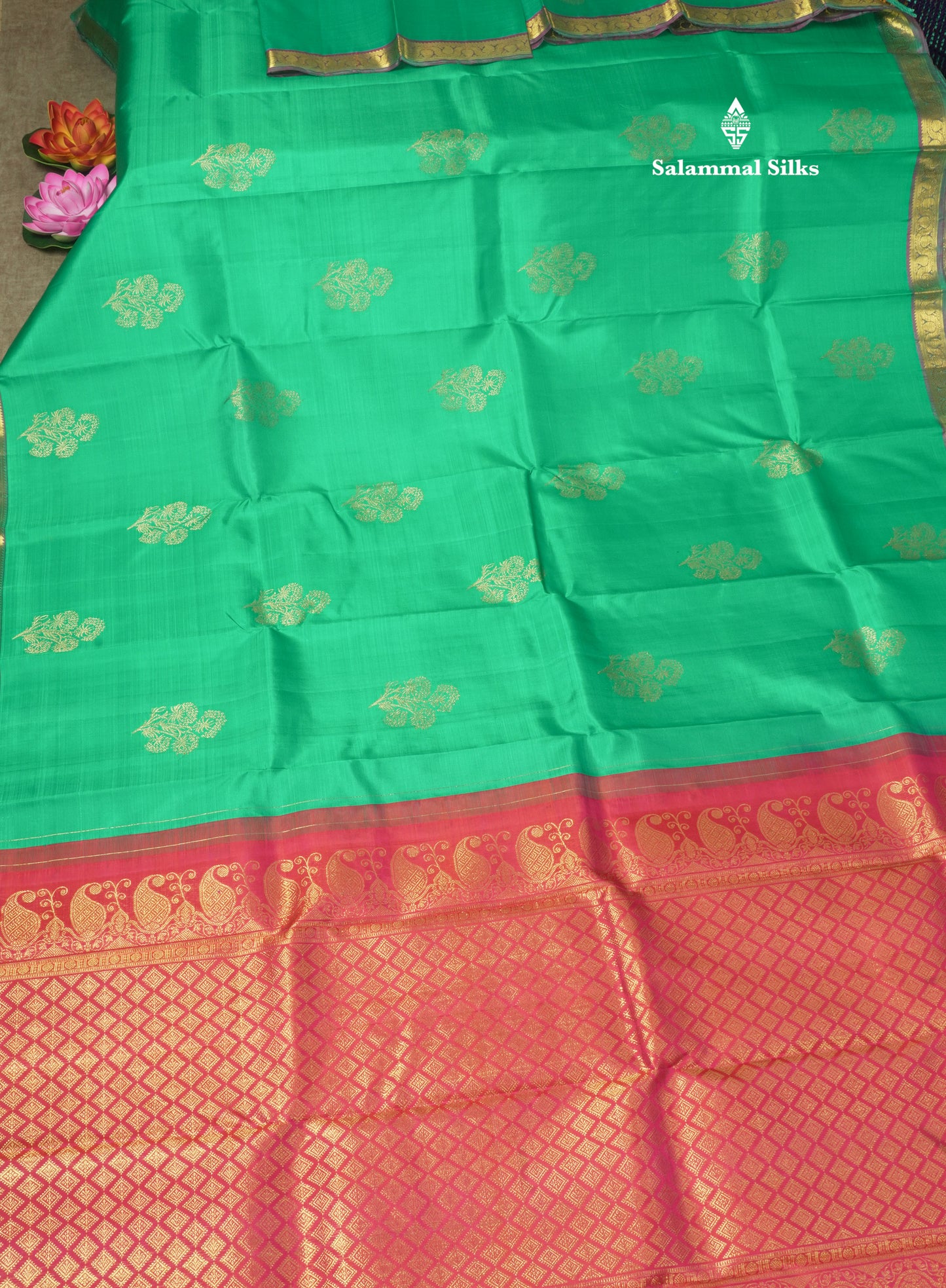 Saffire Green Pure Kanjivaram Silk Saree With Small Gold Zari Border