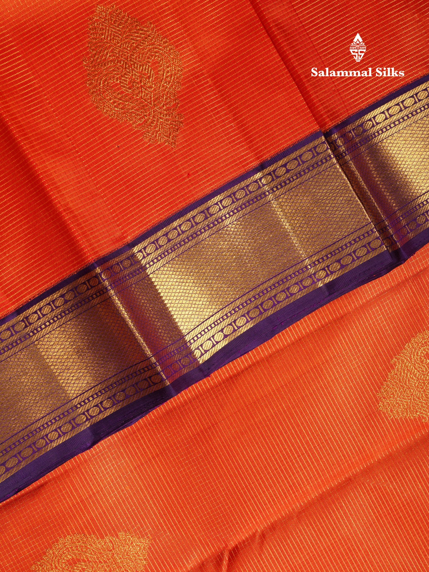 Korvai Orange Tiny Checks Pure Kanjivaram Silk Saree With Contrast Purple Border