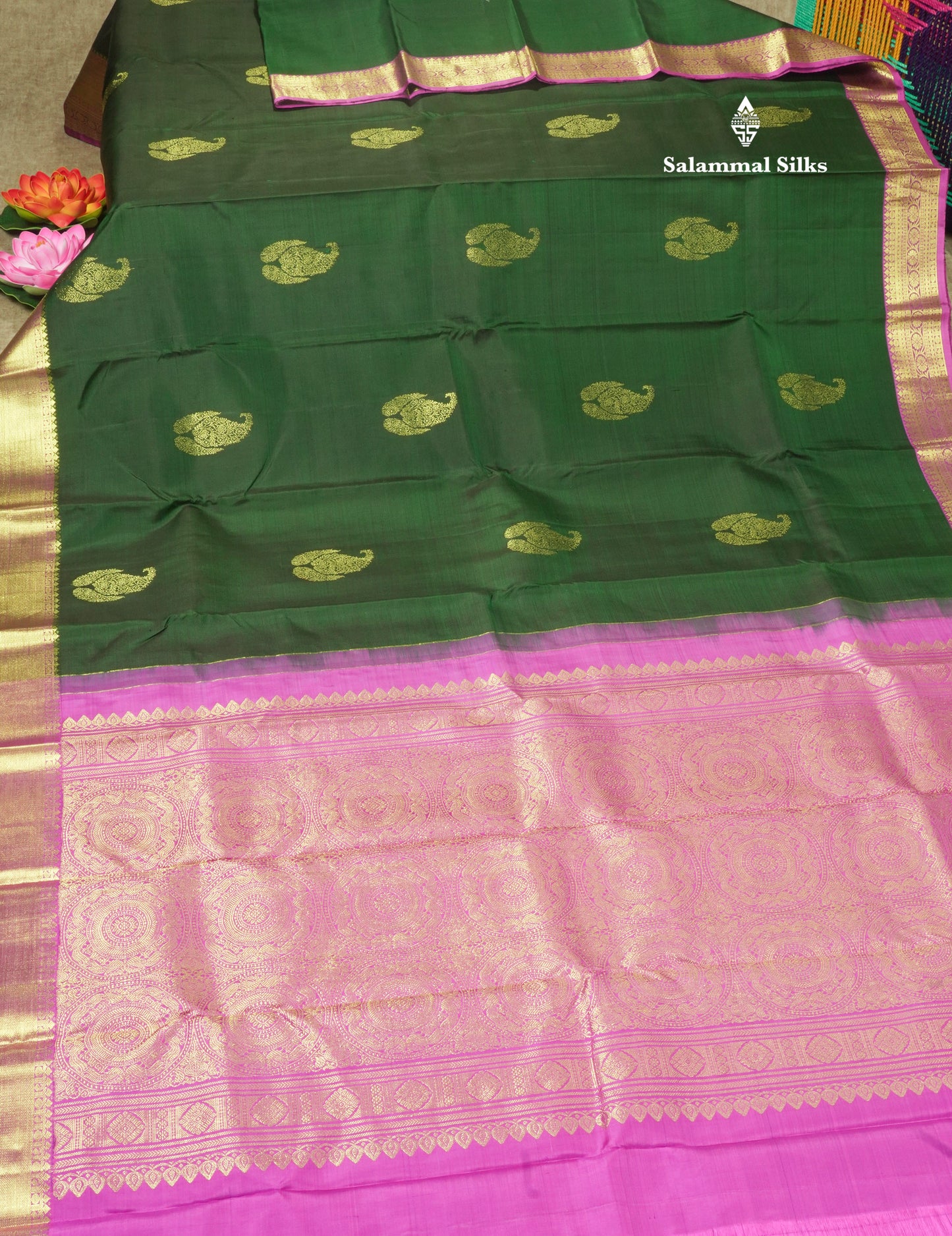 Bottle Green Pure Kanjivaram Silk Saree with Contrast Vadamalli Traditional Border