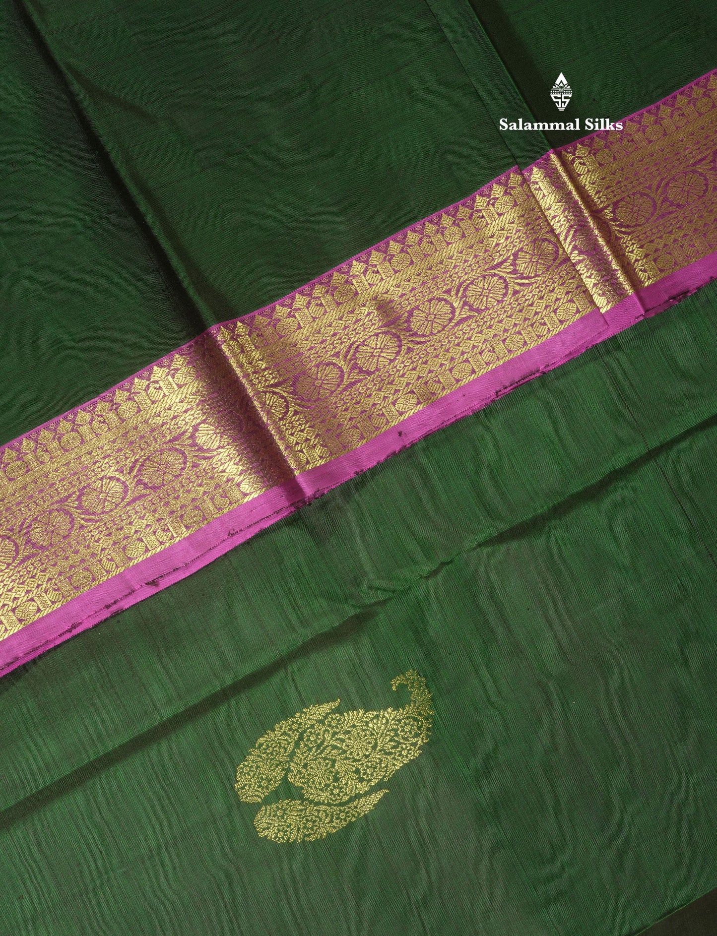 Bottle Green Pure Kanjivaram Silk Saree with Contrast Vadamalli Traditional Border