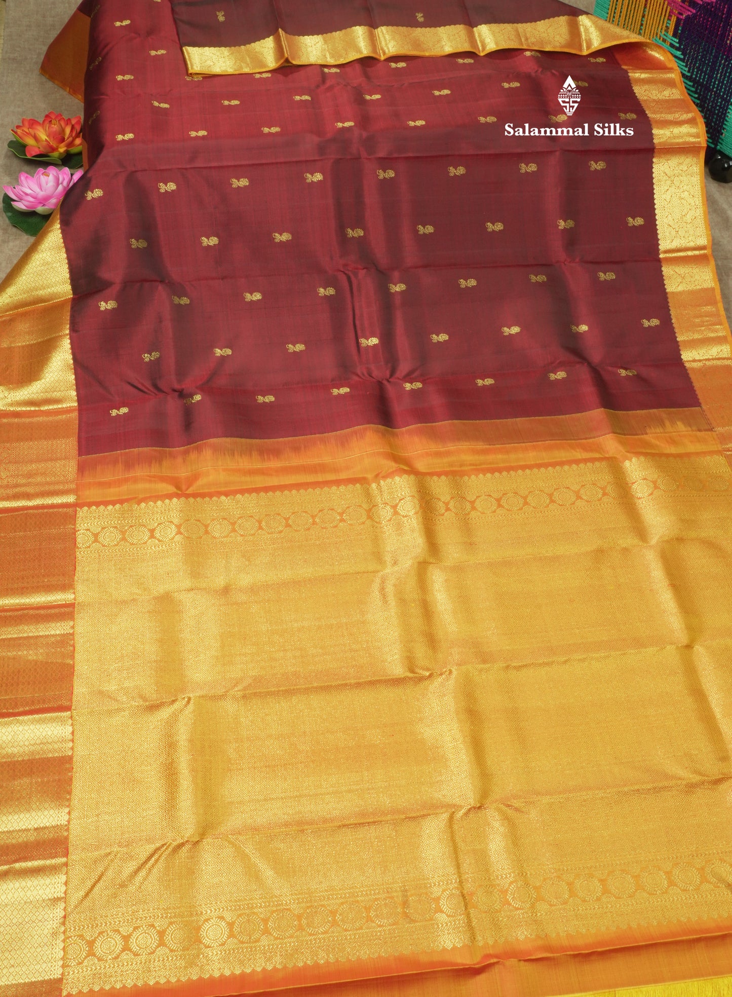 Dark Maroon Pure Kanjivaram Silk Saree with Contrast Traditional Mustard Yellow Border