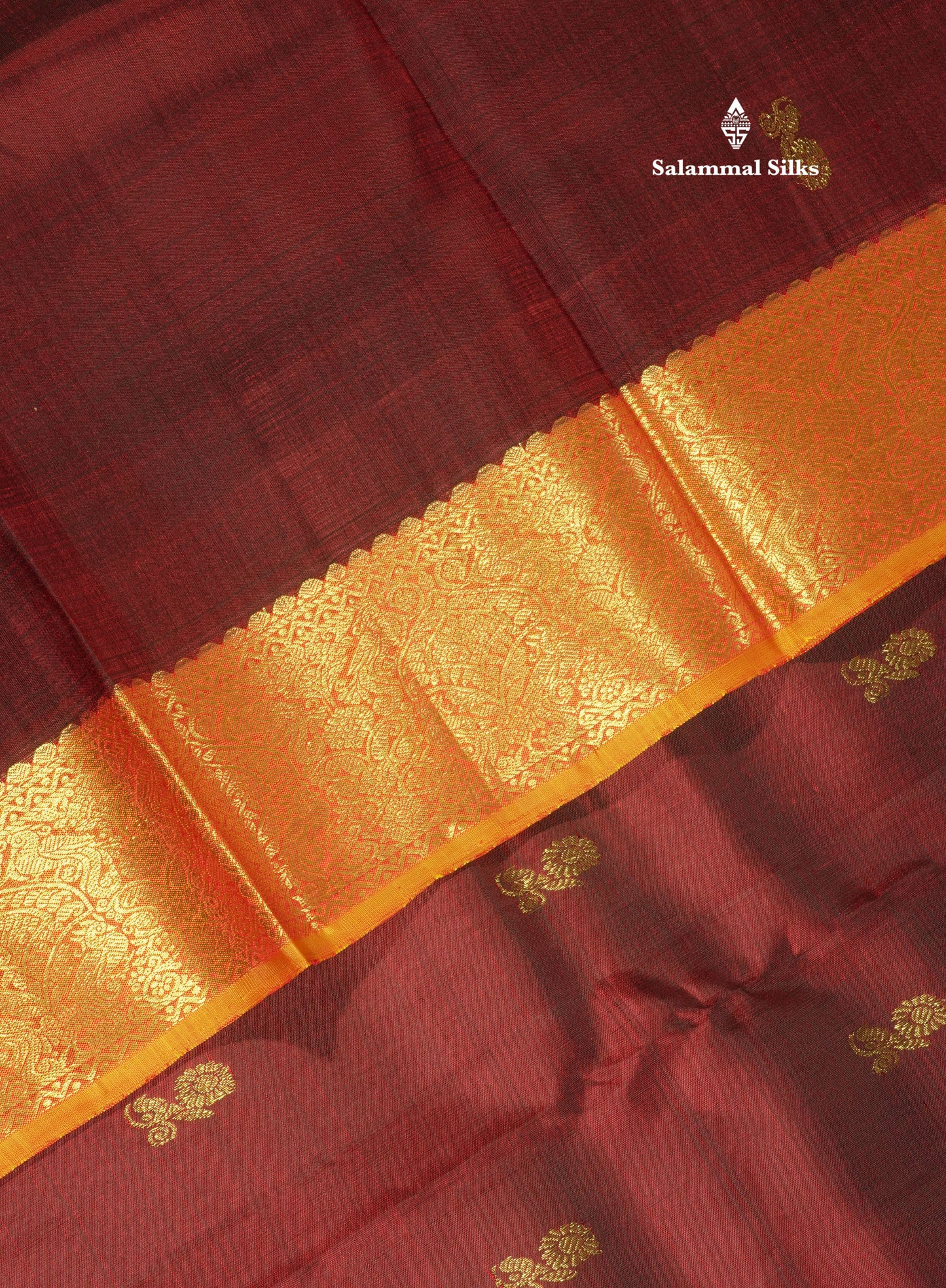 Dark Maroon Pure Kanjivaram Silk Saree with Contrast Traditional Mustard Yellow Border
