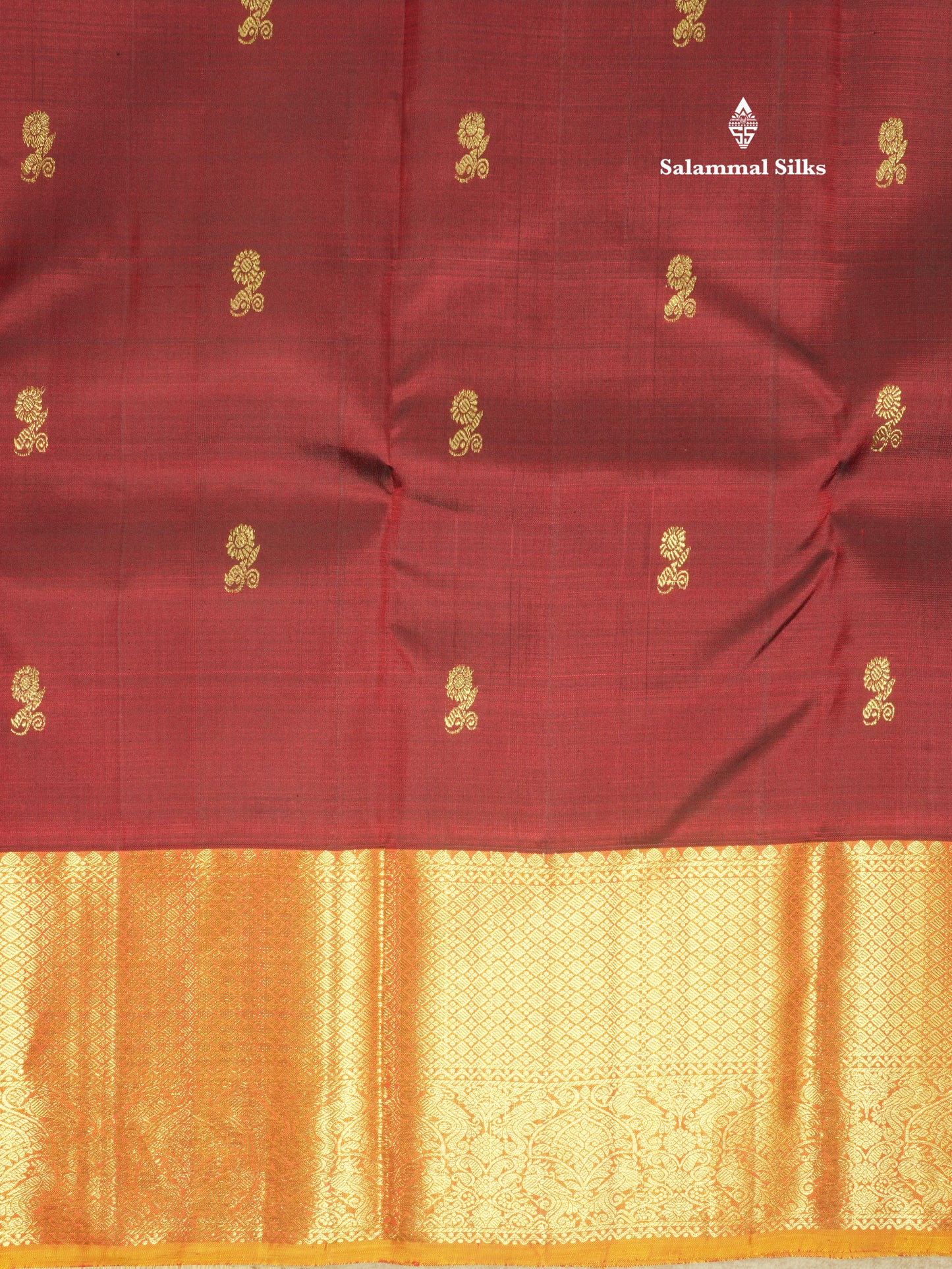 Dark Maroon Pure Kanjivaram Silk Saree with Contrast Traditional Mustard Yellow Border