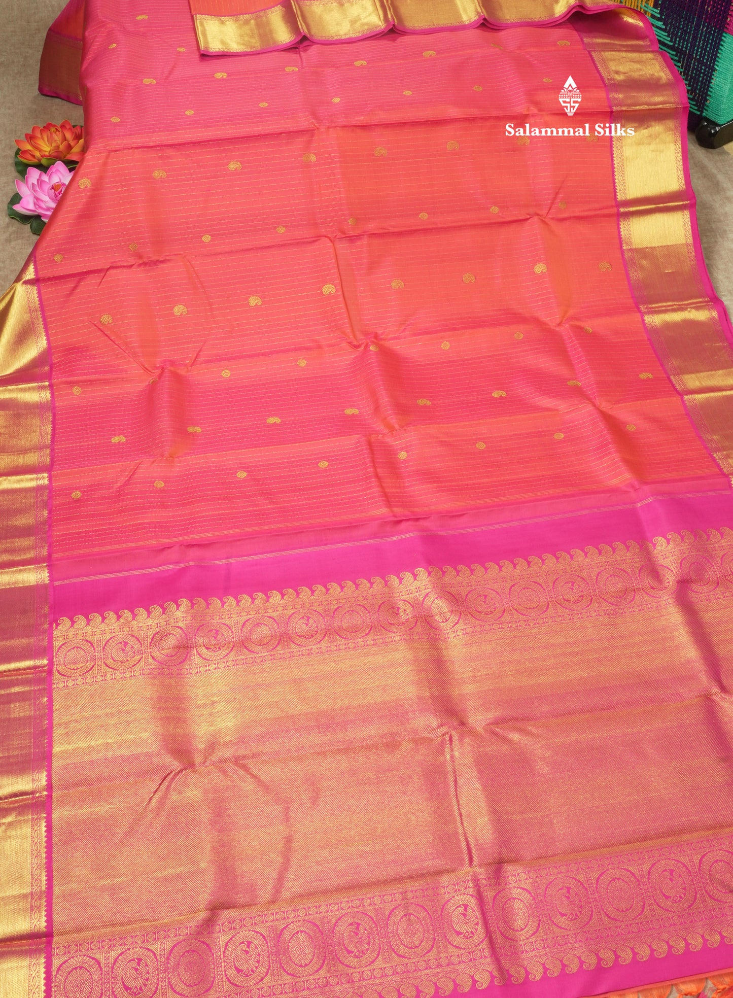 Pinkish Orange Pure Kanjivaram Silk Saree with Contrast Pink Border