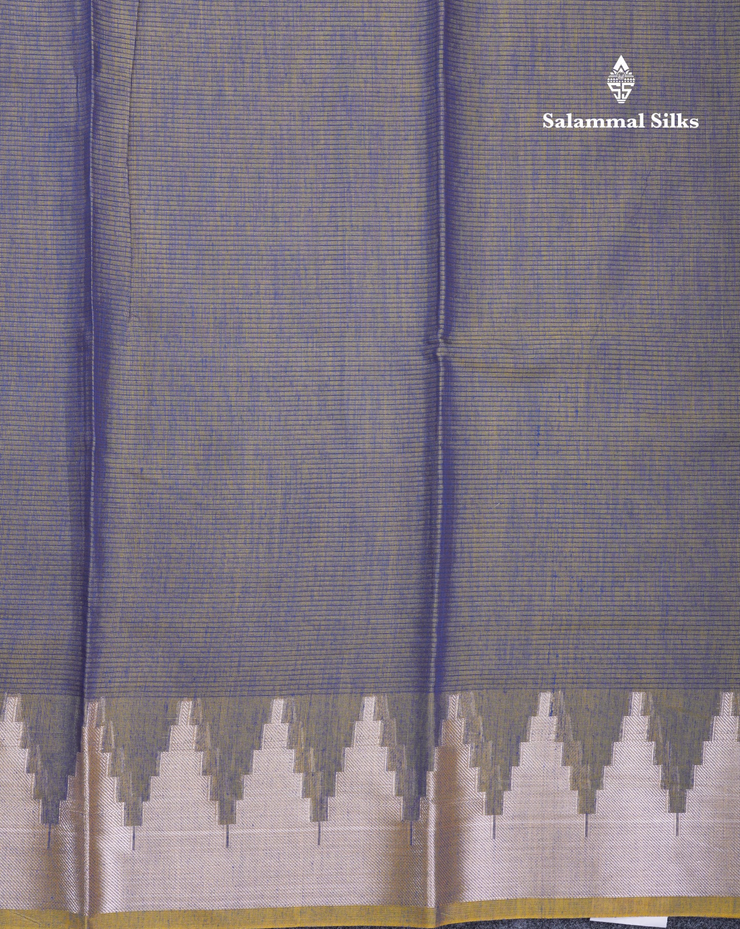 Dual Tone Blue Beautiful Horizontal Lines Cotton Mix Fancy Saree With Silver Zari Temple Border