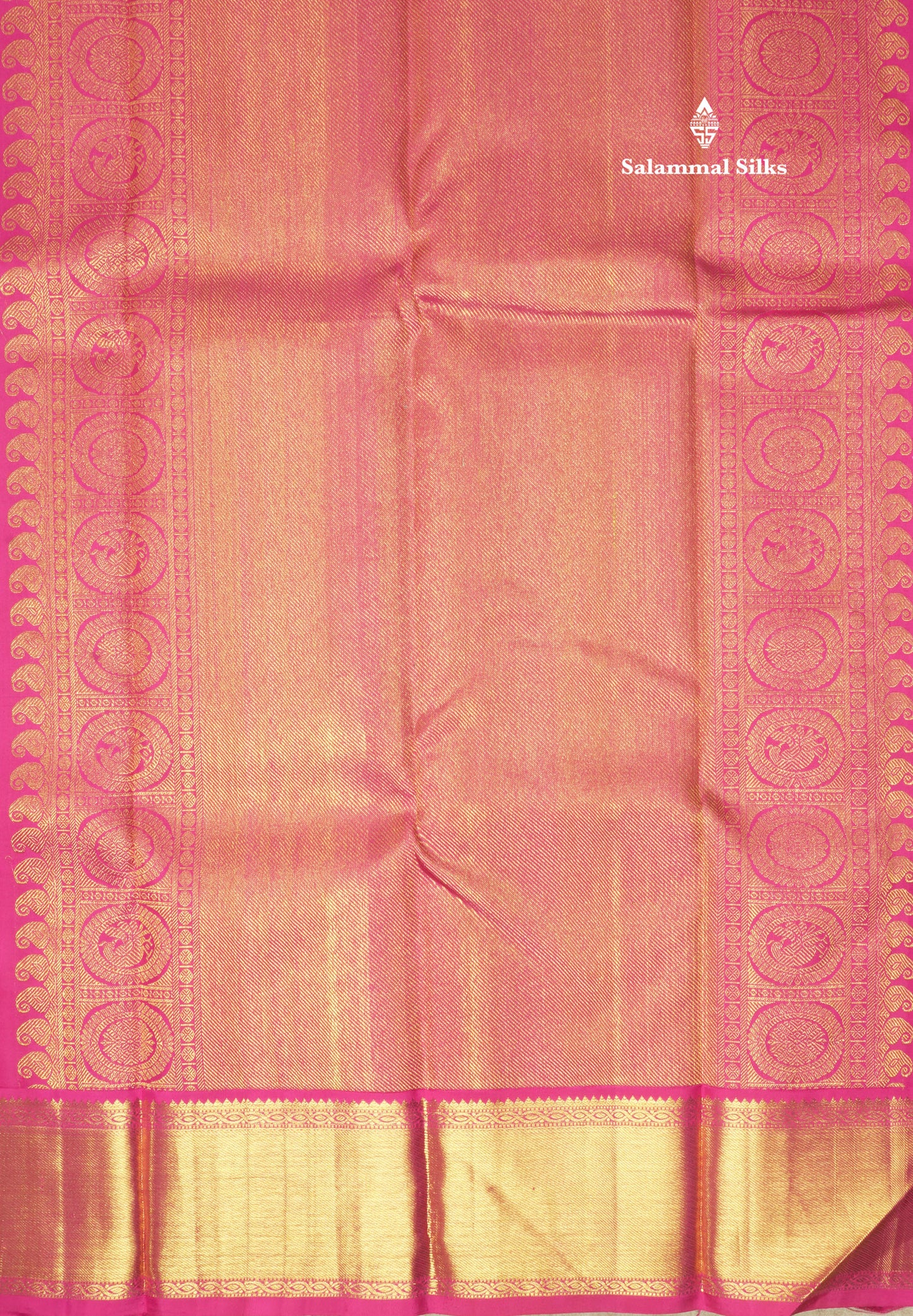 Pinkish Orange Pure Kanjivaram Silk Saree with Contrast Pink Border