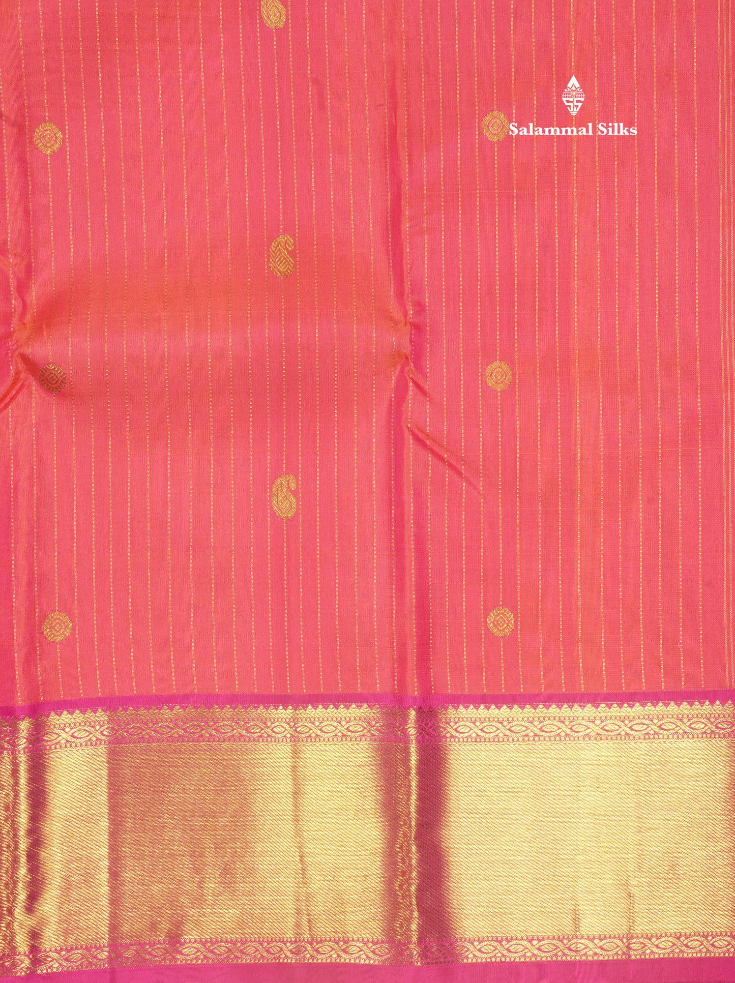 Pinkish Orange Pure Kanjivaram Silk Saree with Contrast Pink Border
