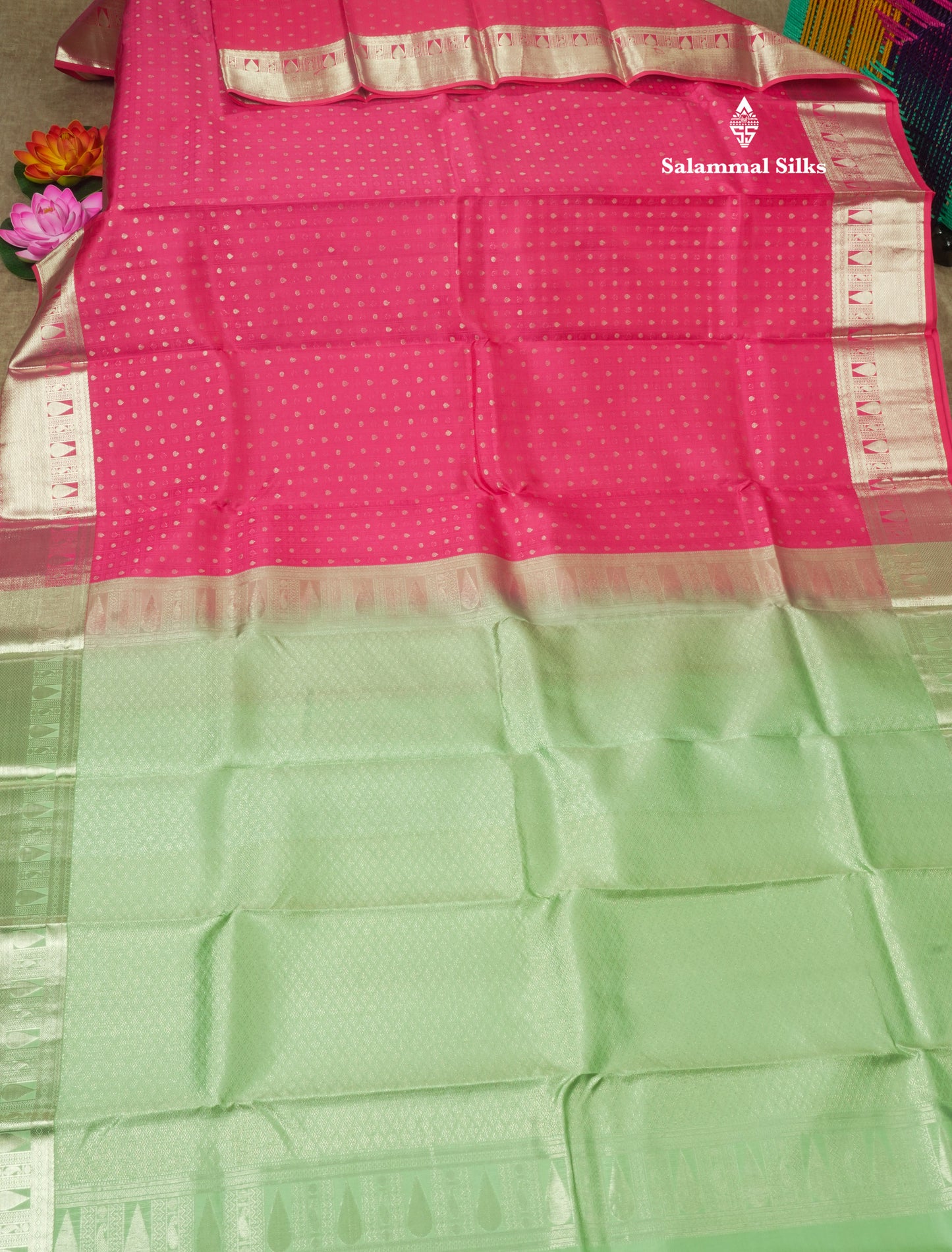 Pink Small Checks Pure Kanjivaram Silk Saree With Silver Zari Border