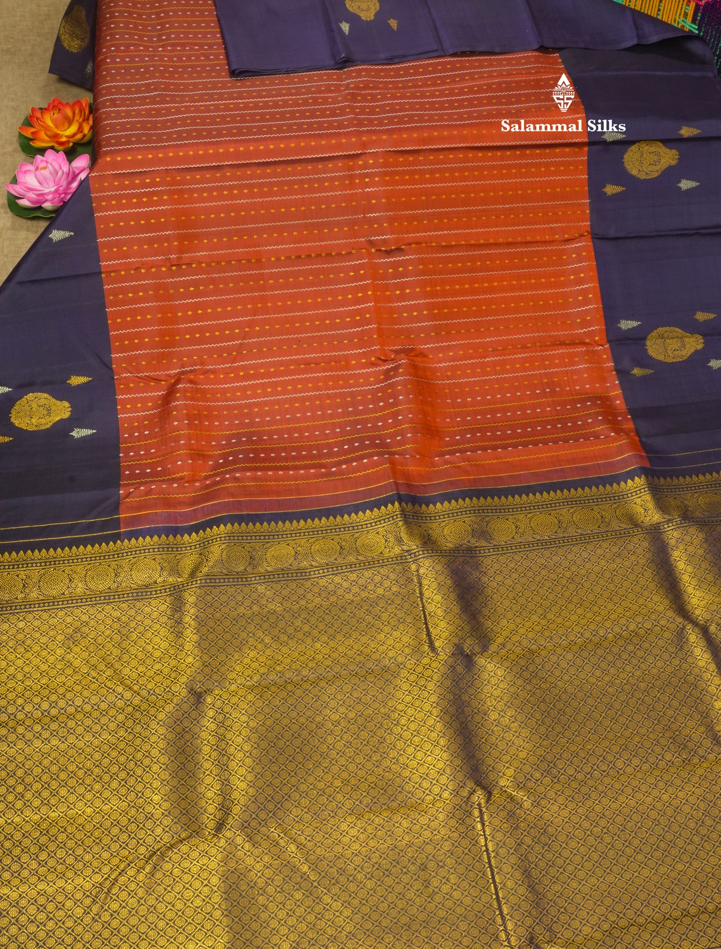 Brown Pure Kanjivaram Silk Saree with Contrast Navy Blue Long Border