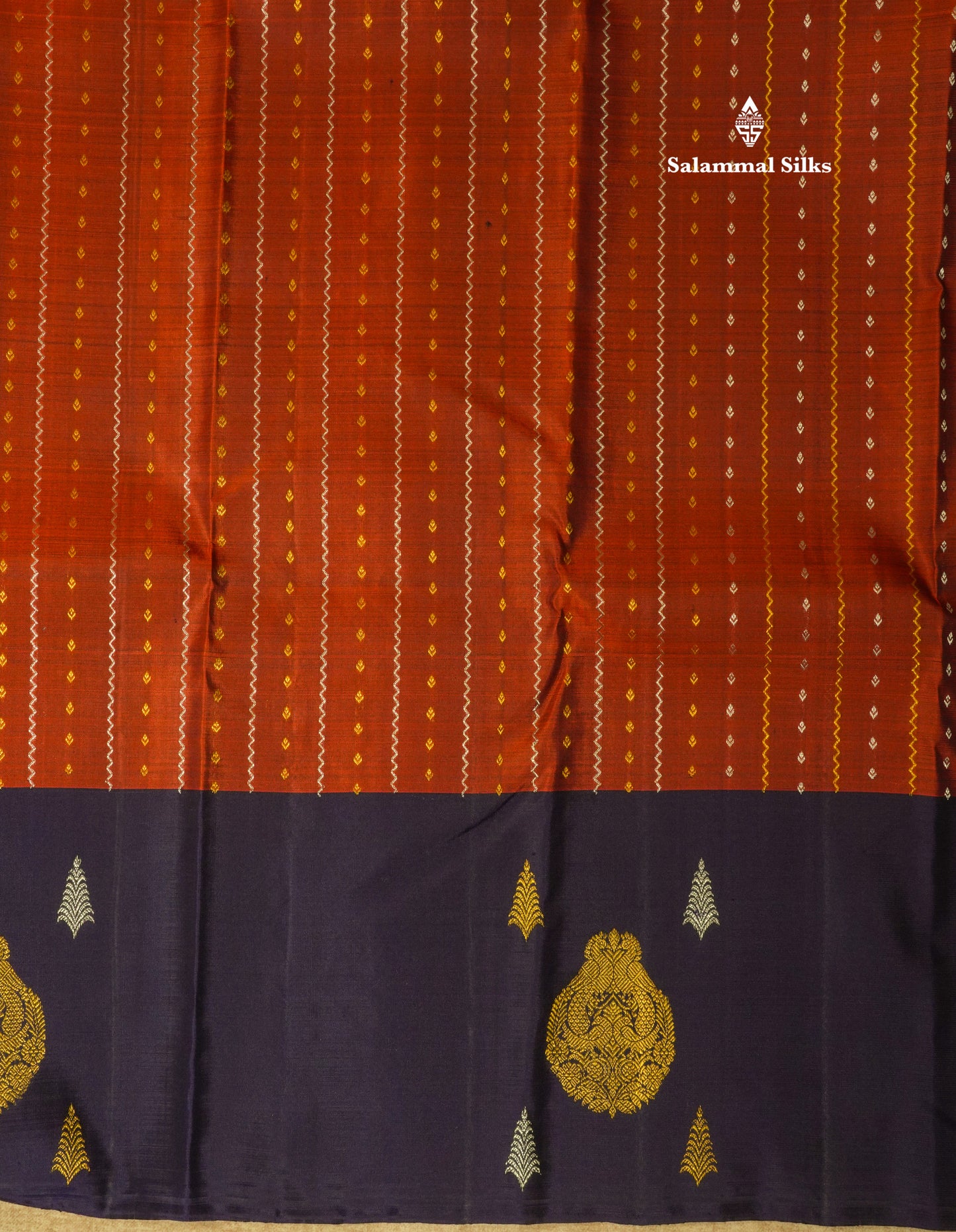 Brown Pure Kanjivaram Silk Saree with Contrast Navy Blue Long Border