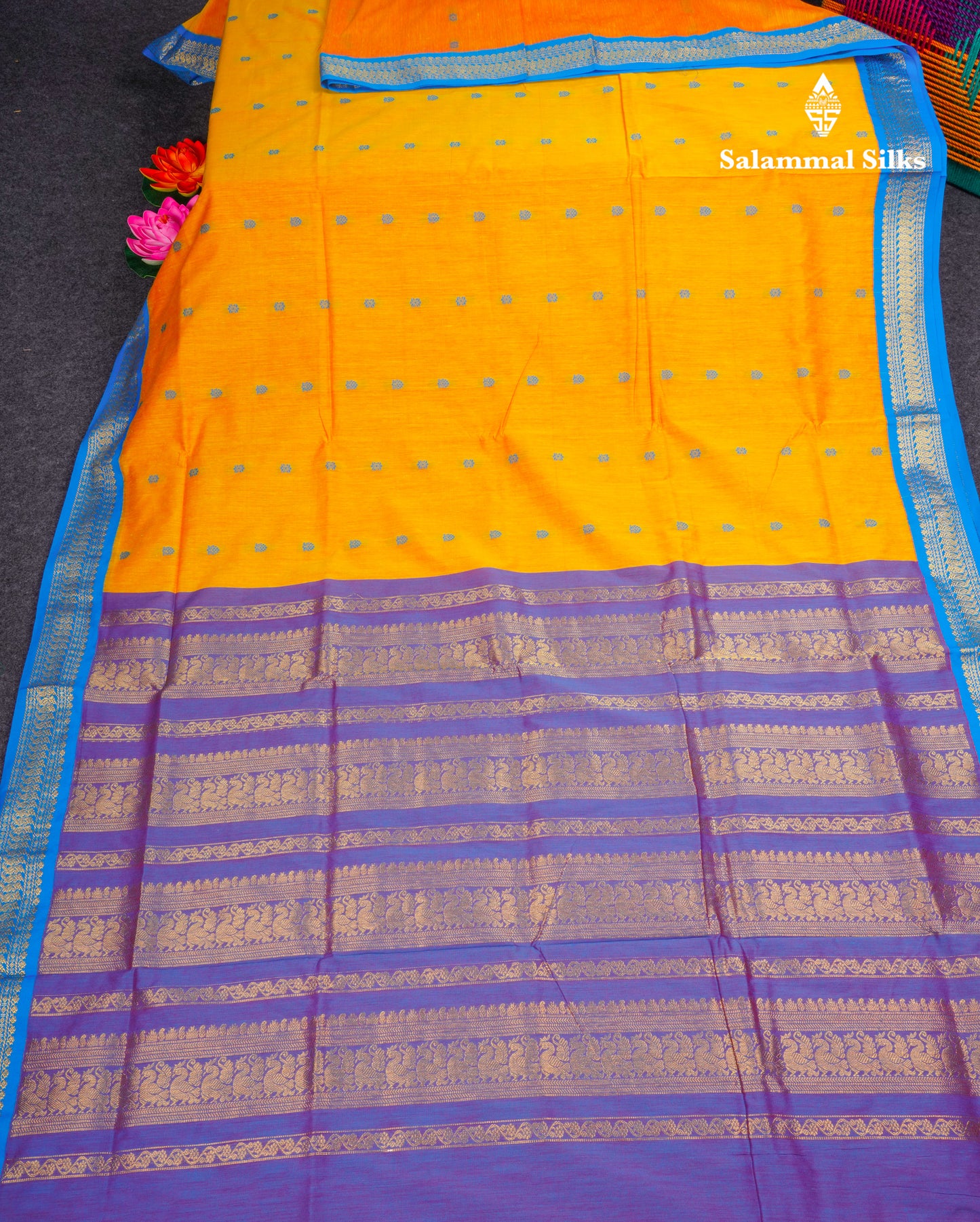 Yellow Kalyani Cotton Saree With Contrast Sky Blue Border