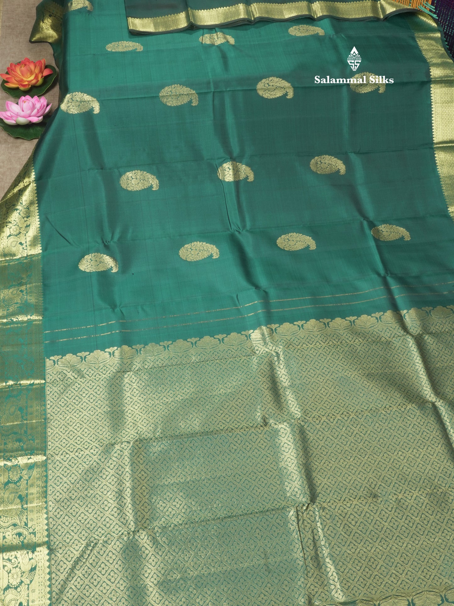 Peacock Green Pure Kanjivaram Silk Saree with Traditional Gold Zari Border