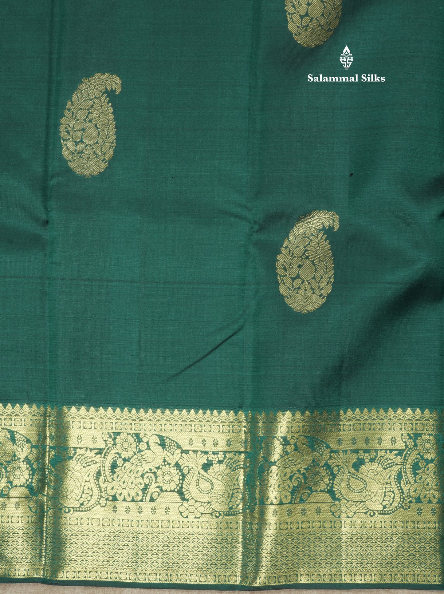 Peacock Green Pure Kanjivaram Silk Saree with Traditional Gold Zari Border