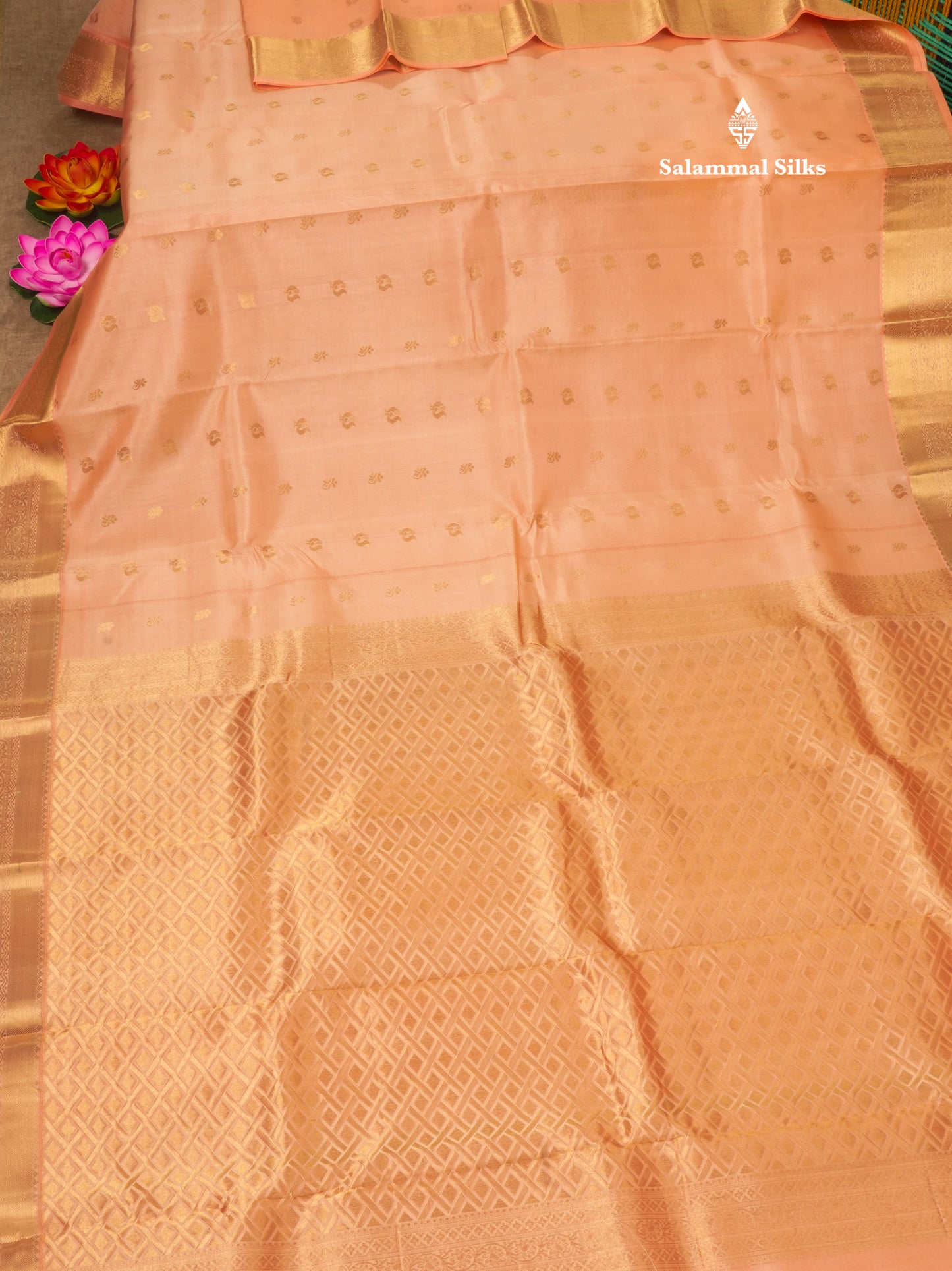 Peach Pure Kanjivaram Silk Saree With Gold Zari Border