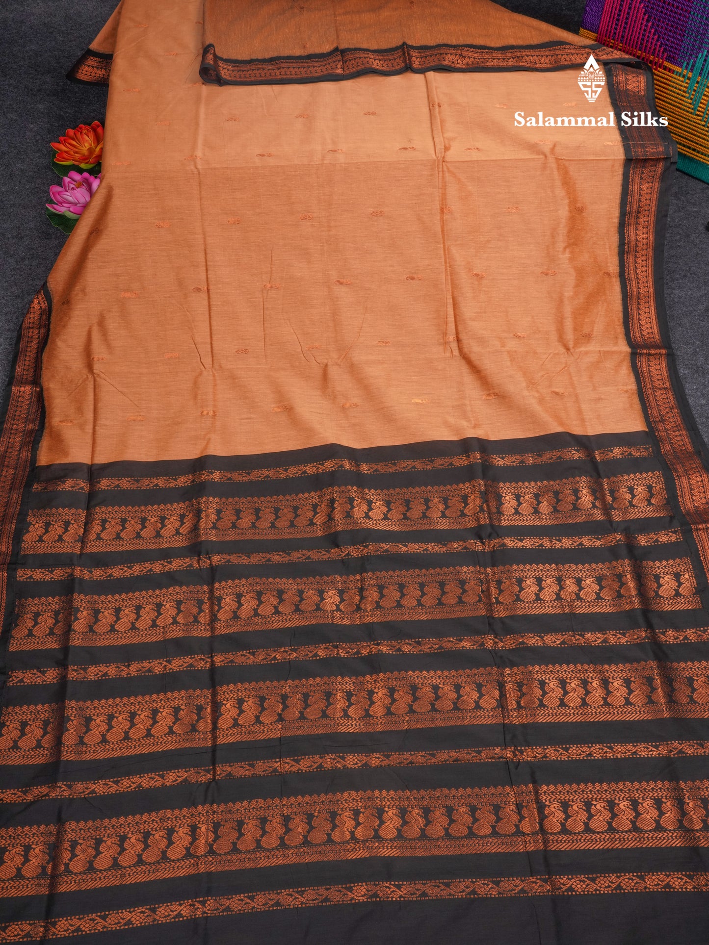 Light Brown Kalyani Cotton Saree With Contrast Black Border