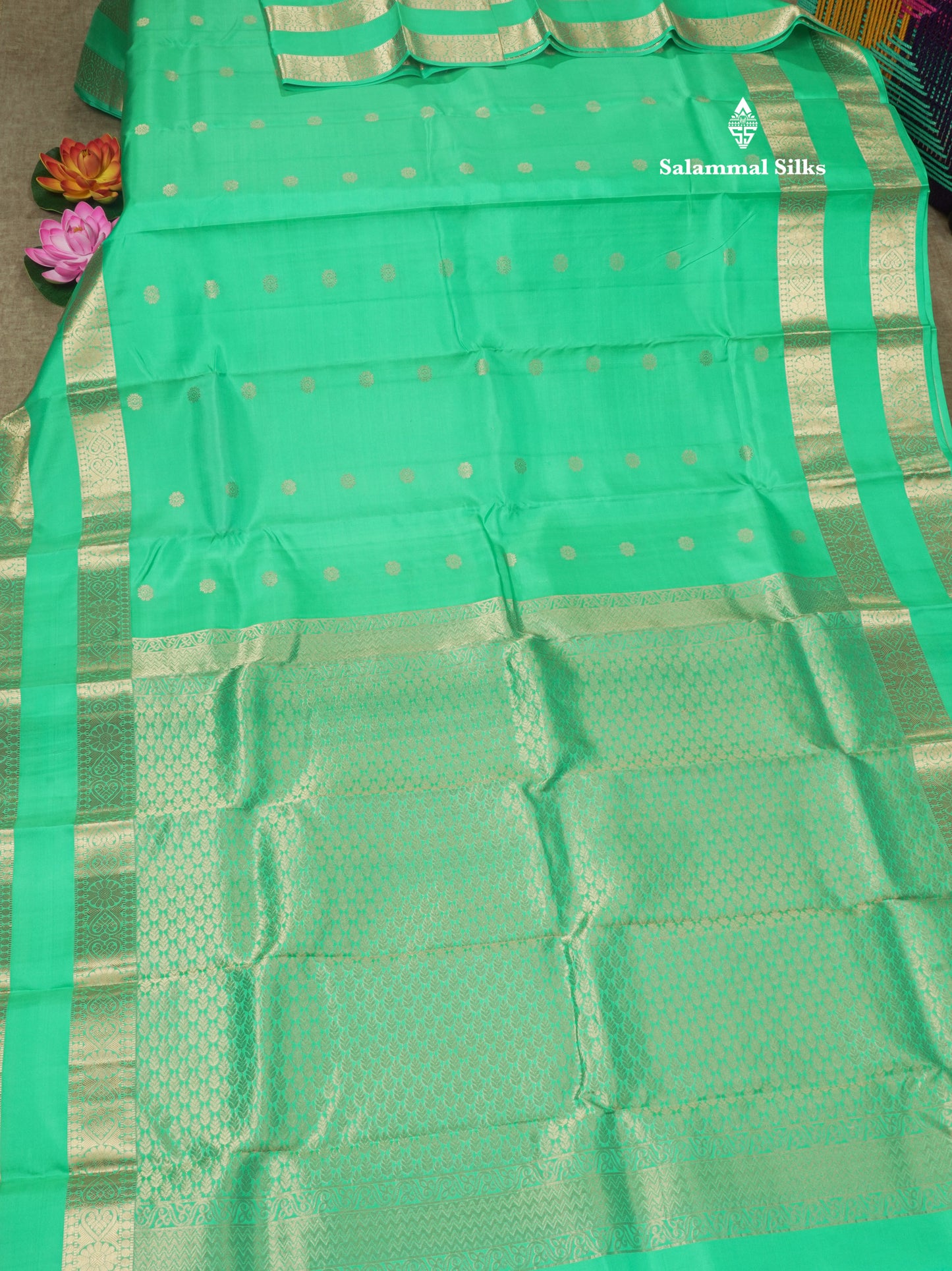 Sea Green Pure Kanjivaram Silk Saree With Gold Zari Gap Border