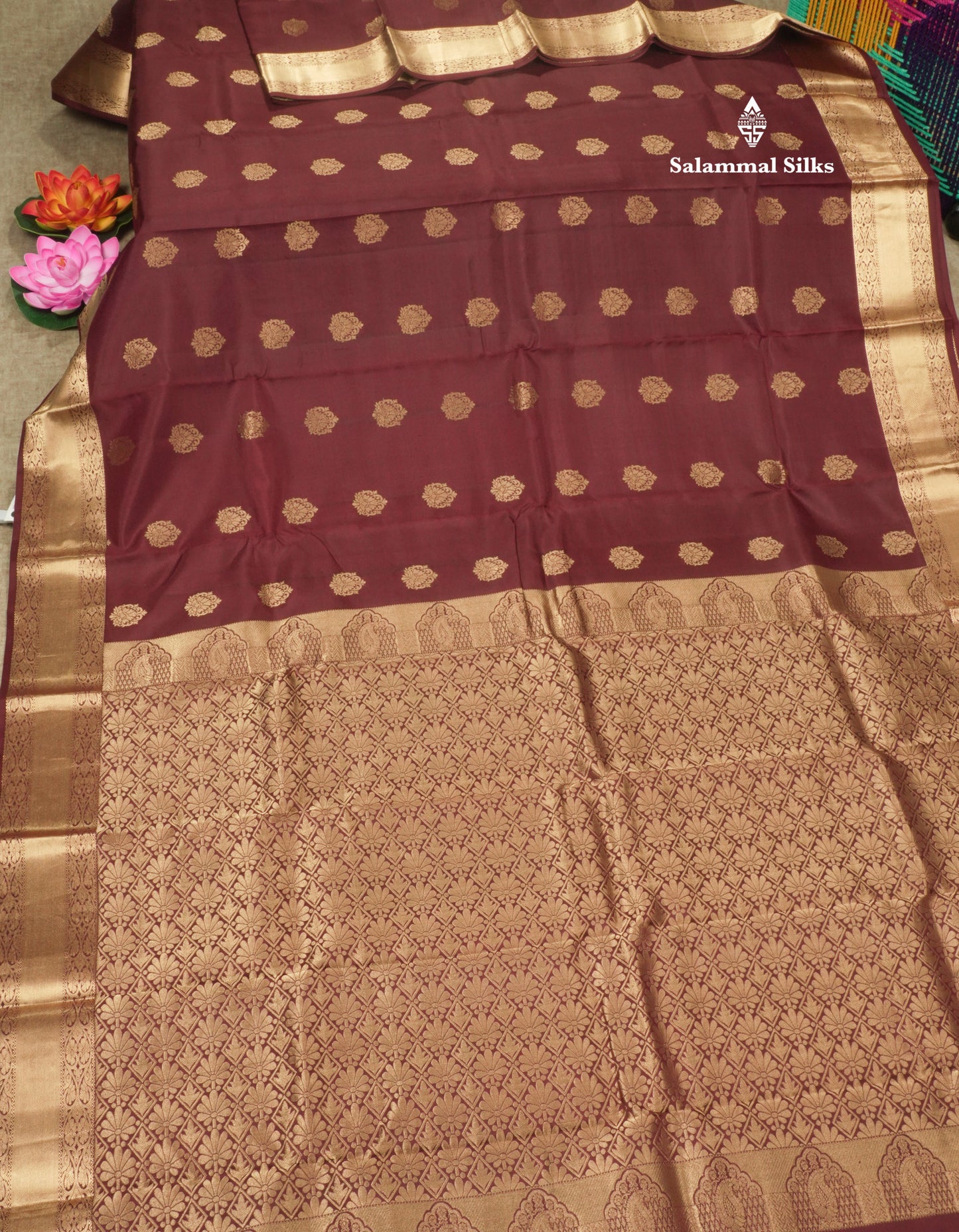 Dark Maroon Pure Kanjivaram Silk Saree With Gold Zari Border
