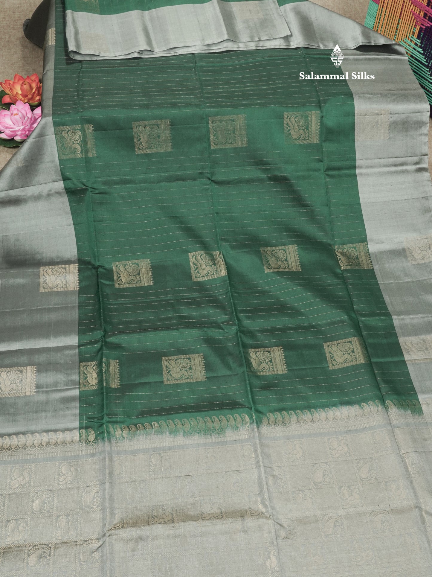 Beautiful Bottle Green Pure Kanjivaram Soft Silk Saree With Contrast Grey Border