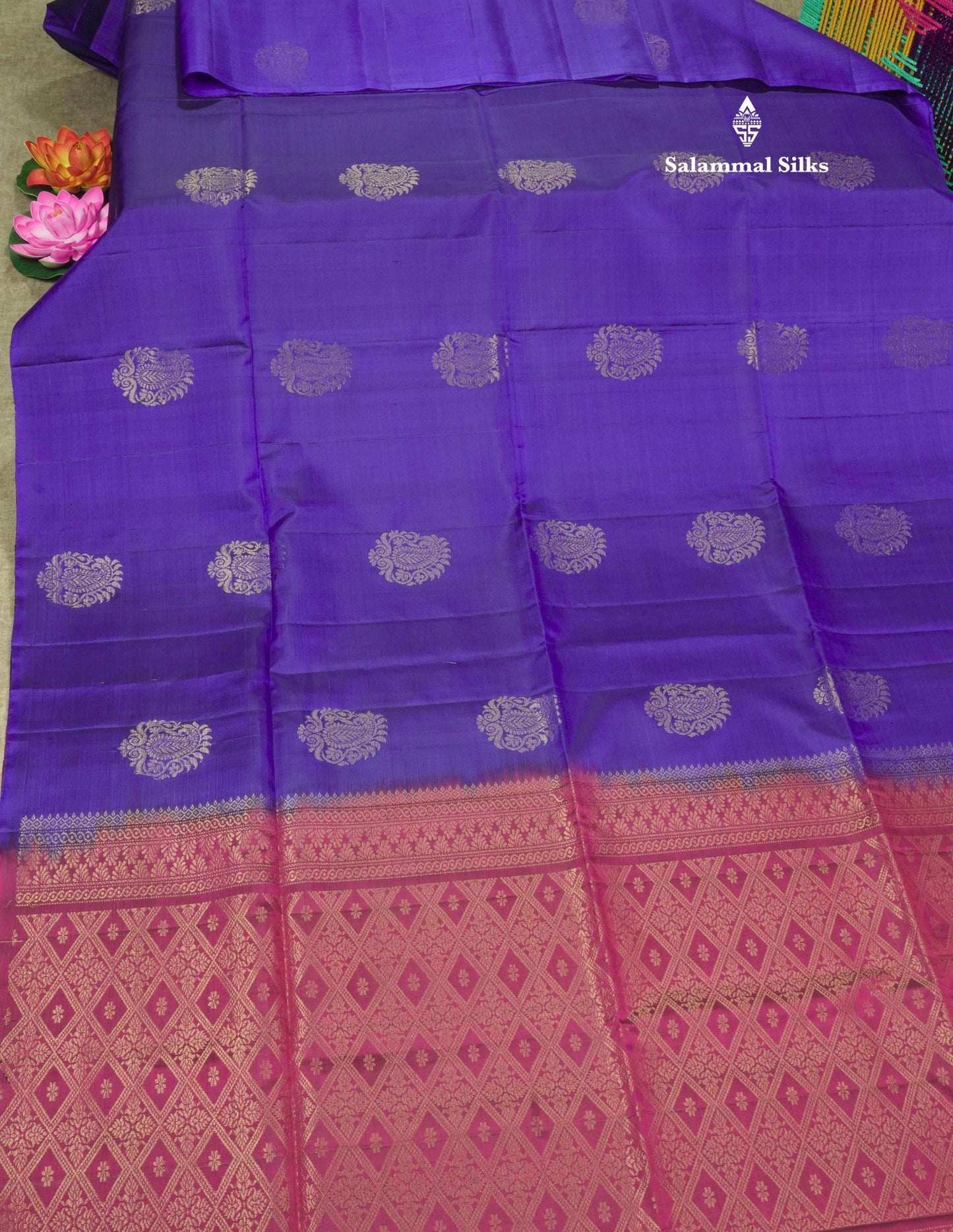 Beautiful Royal Blue Pure Kanjivaram Soft Silk Saree With Contrast Magenta Blouse