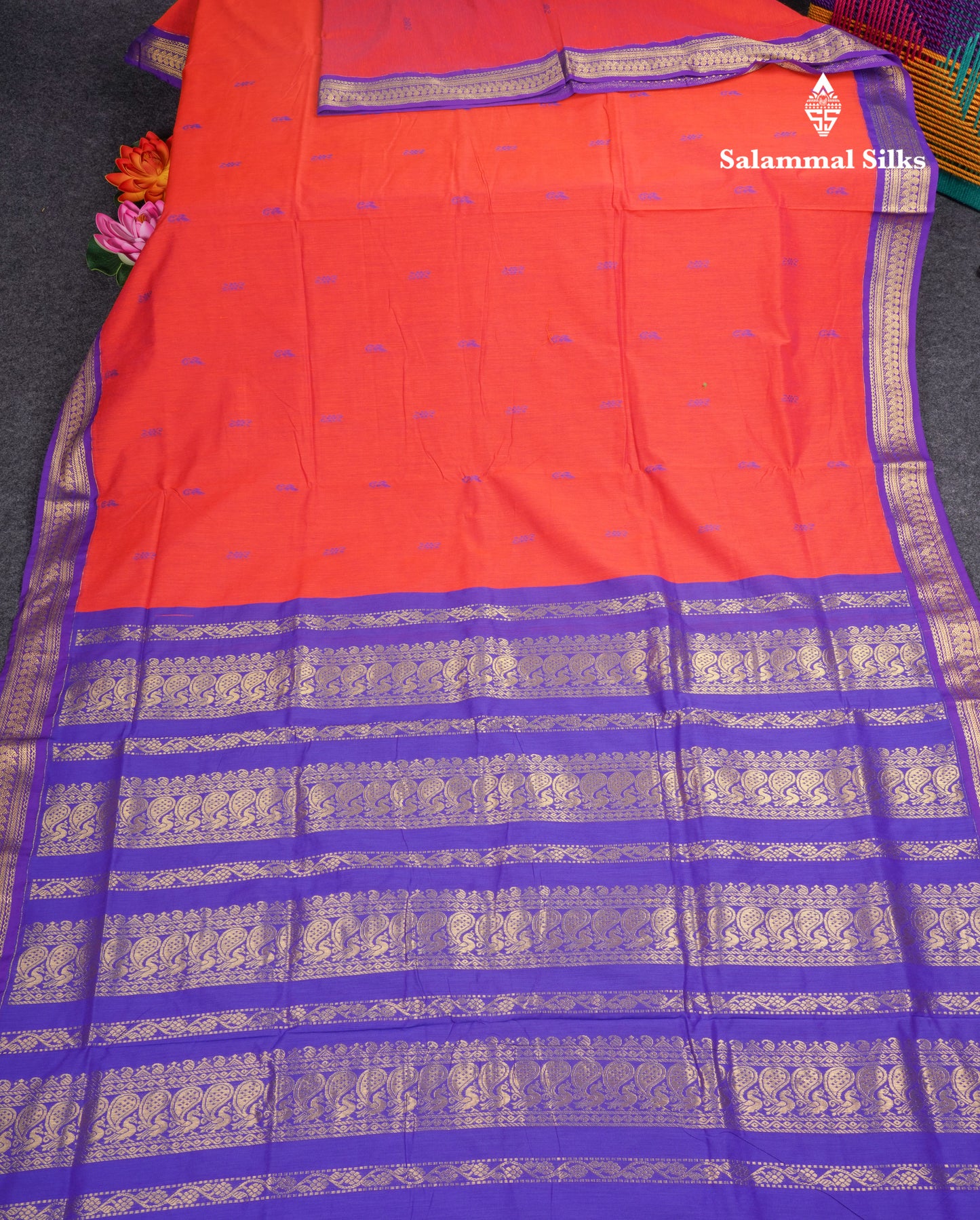 Red Kalyani Cotton Saree With Contrast Violet Border