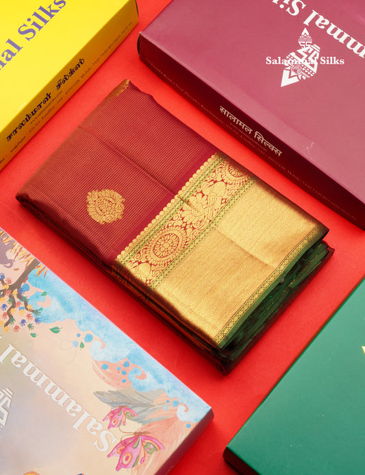 Maroon Vairaoosi Lines Pure Kanjivaram Silk Saree With Self Border