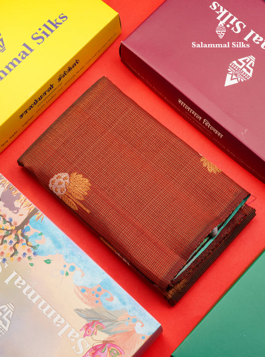 Maroon Vairaoosi Tiny Zari Checks Pure Kanjivaram Silk Saree With Fancy Contrast Multicolour Paalum Pazham Checks Pallu & Blouse